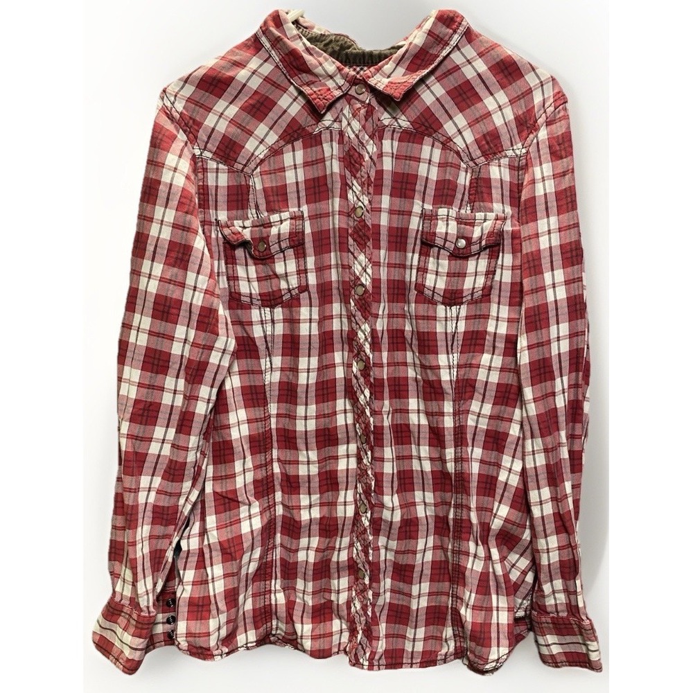 Old Navy Red White Plaid Western Snap‎ Button Down Shirt XXL Women Long Sleeve